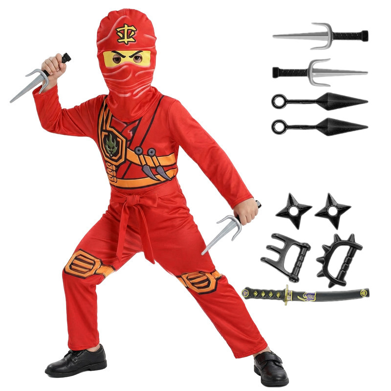 (120CM) Stealth Ninja Warrior Costume for Children Boys Girls Halloween Cosplay Party with Accessories Green/blue/red Carnival Costumes