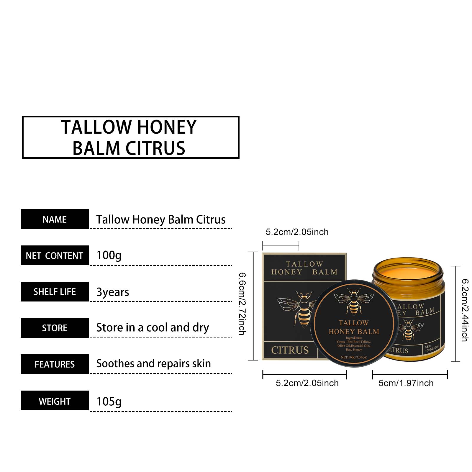 Honey Beef Tallow Moisturizing Cream Nourishing Mild Hydrating Citrus Scent For Daily Facial Skin Care