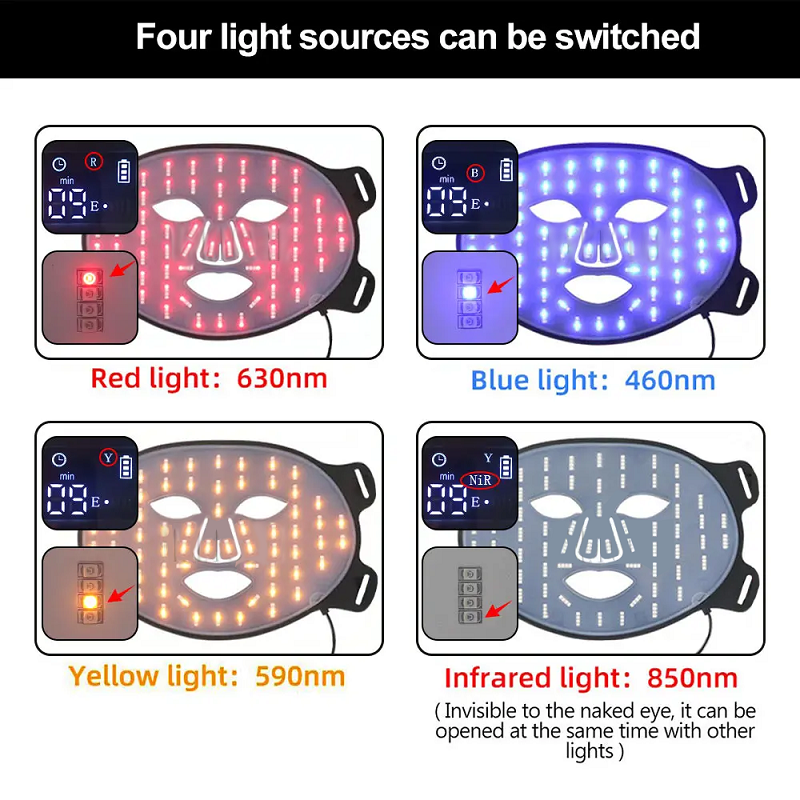 (Only Light Therapy Face Mask) Light Therapy Face Masks Red Light Face Mask 850Nm Near Infrared Therapy Light Therapy Skin Mask Led Therapy Mask 4 Color At-Home LED Red Light Therapy Mask