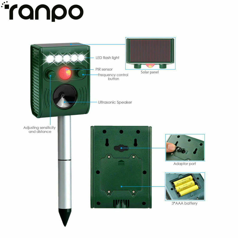Solar Powered Ultrasonic Outdoor Pest Animal Repeller Activated Repellent