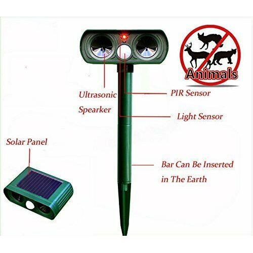 Solar Battery Cat Repeller Scarer Deterrent Ultra Animal Chaser Scarer Ultrasonic Deterrent Waterproof Outdoor Repellent for Cat Rat Bird Raccoon Skunk Squirrel Deer Rabbit