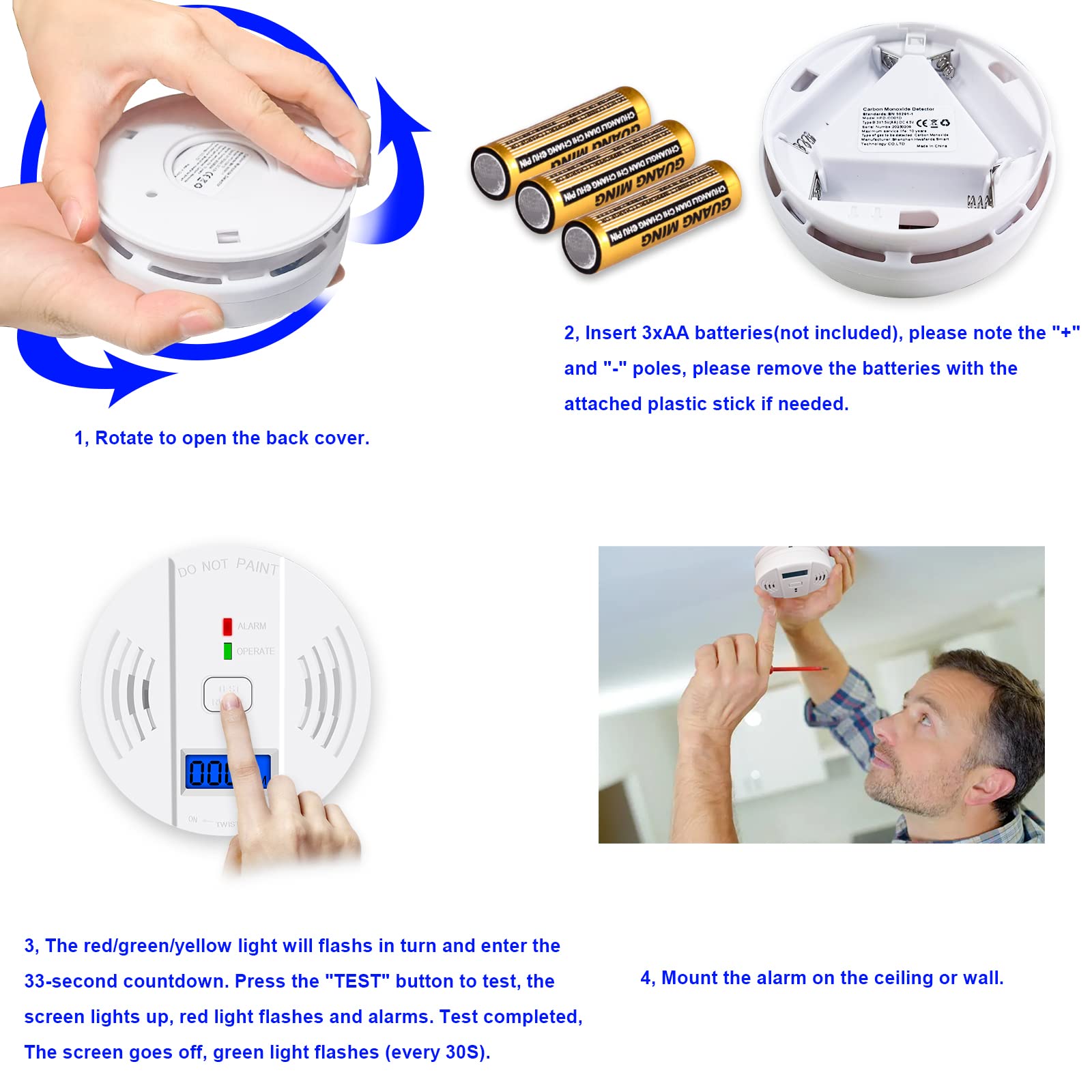 Carbon Monoxide Detector,CO Alarm Detector with Digital Display and Sound Alarm For Home,Office Combination Detector Alarm Battery Powered