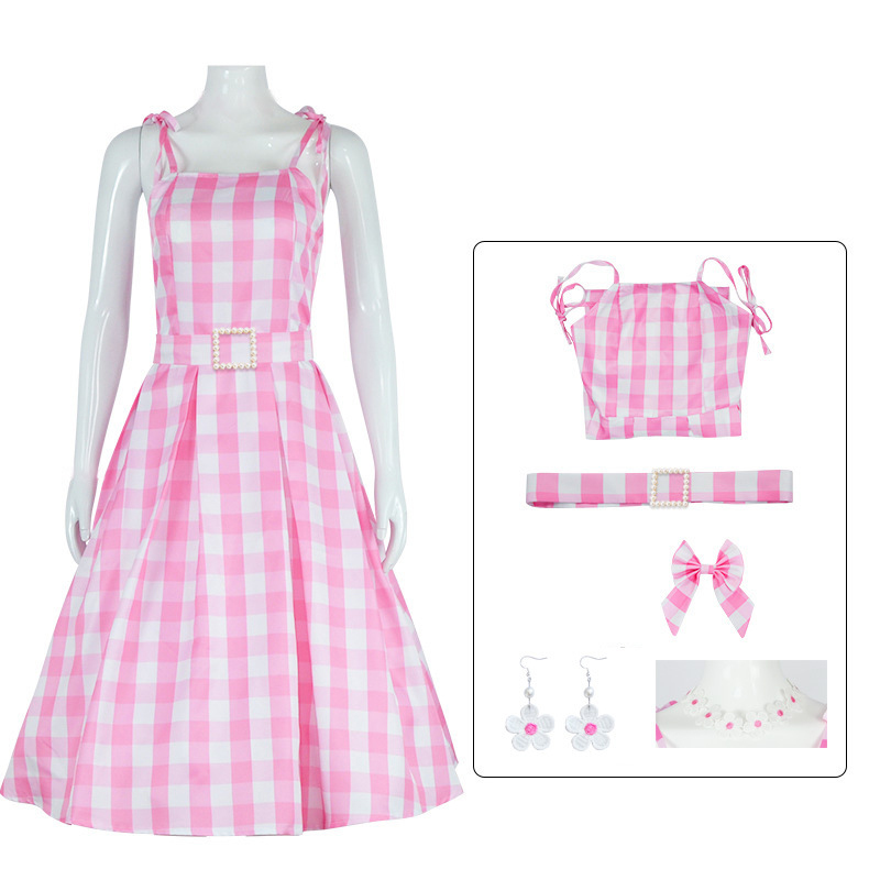 (110cm) Cosplay 2023 Barbie Suspender Princess Dress Childrens Dress Plaid Waist Dress Childrens Gift