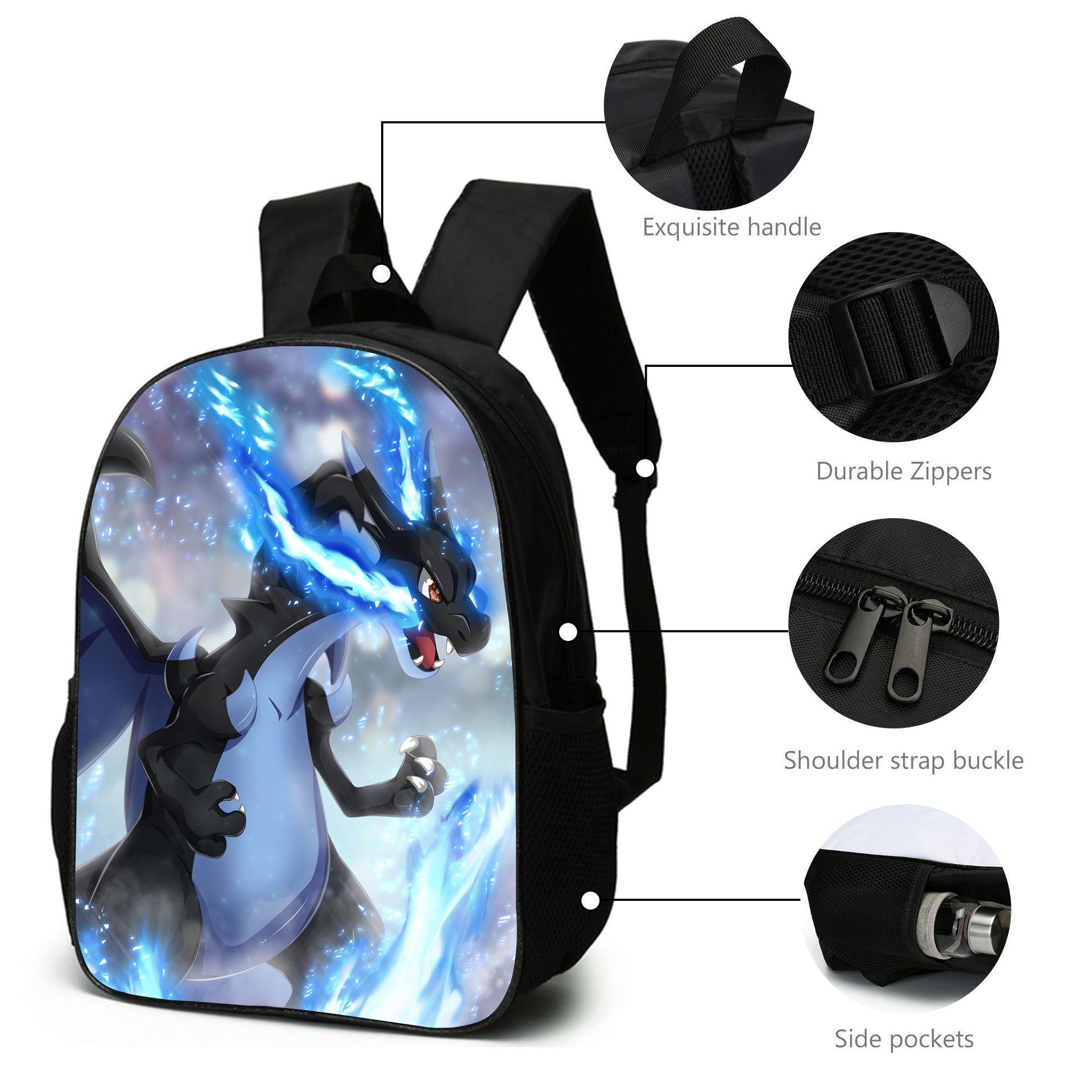 (Style A) 3PCS Pokemon Backpack Lunch Bag Pencil Case Set  Kids School Bag Boys Girls Teens Pikachu Eevee Pokeball