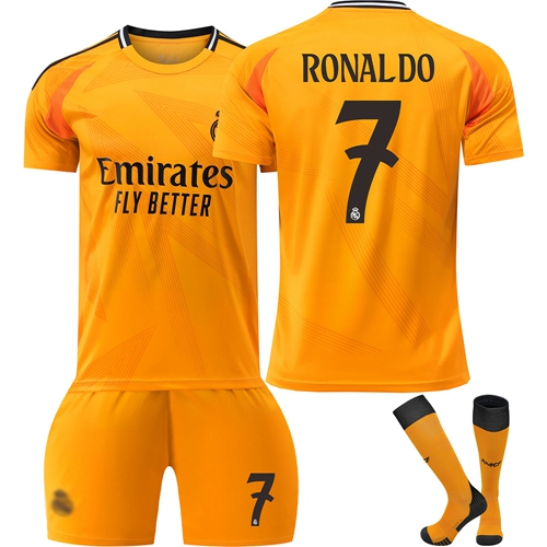 (Kids 16) Real Madrid Away Football Training Shirt Kits No.7 Ronaldo Soccer Jerseys Boys Sportswear Tracksuit Football Training Shirts Shorts and Socks