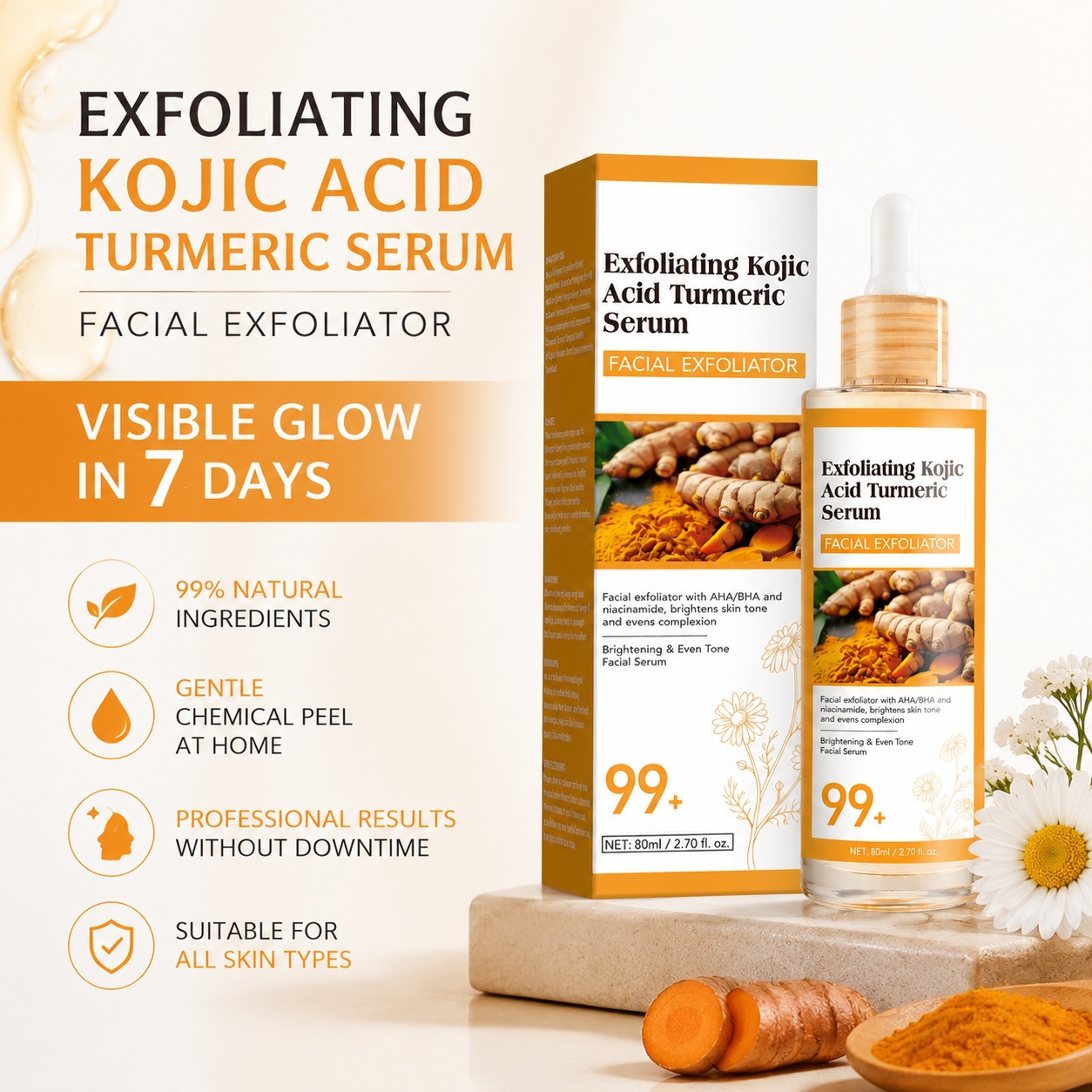 Exfoliating Kojic Acid Turmeric Serum For Brightening Smoothing And Even Skin Tone Daily Renewal Treatment