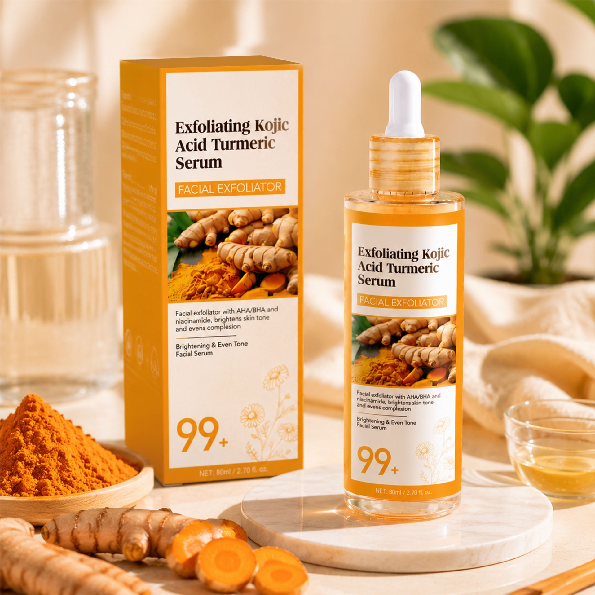 Exfoliating Kojic Acid Turmeric Serum For Brightening Smoothing And Even Skin Tone Daily Renewal Treatment