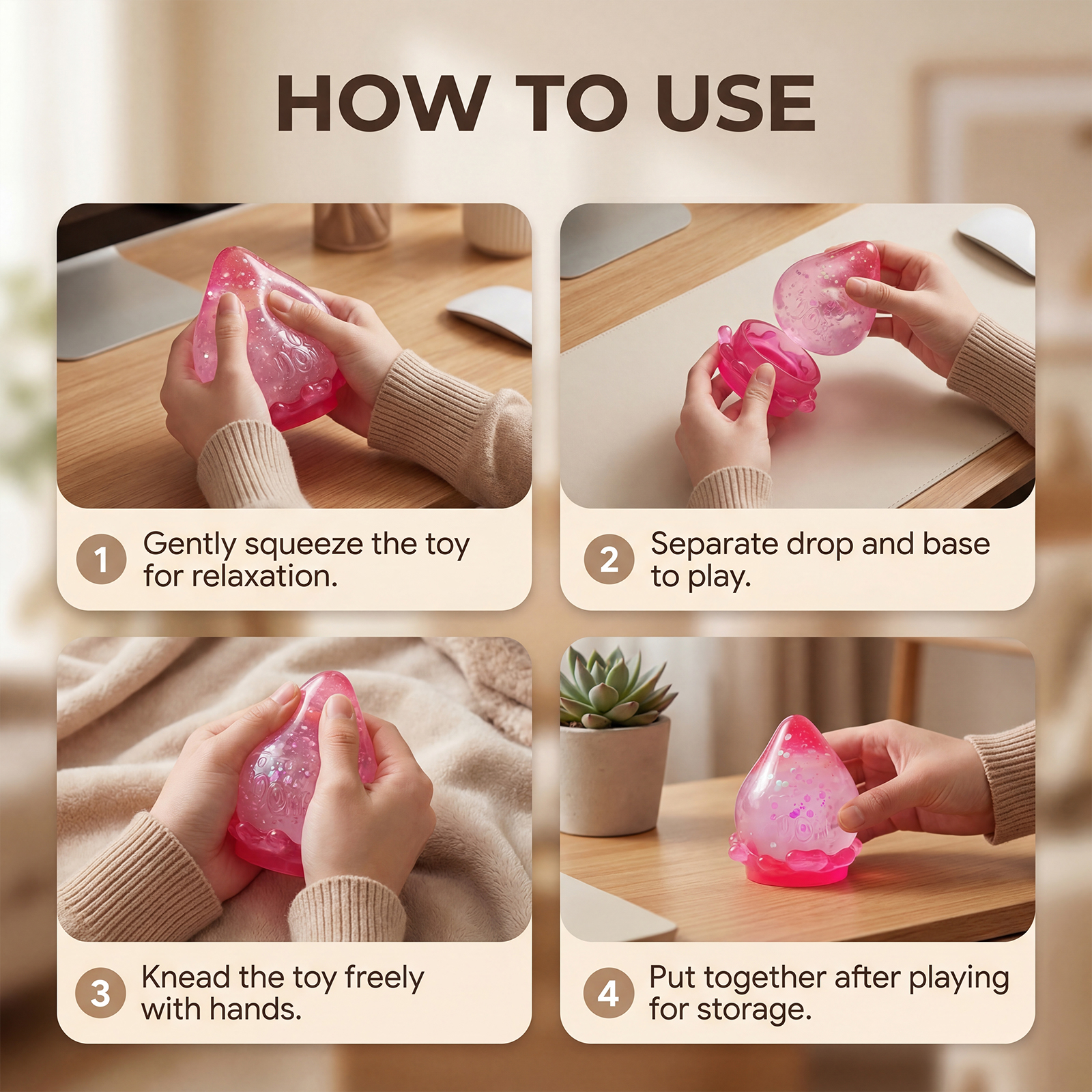 (Pink) Dreamy Fallen Leaf Sensory Toy Purple Tear Drop Shape Detachable Base Finger Knead Stress Relief Daily Relax Play