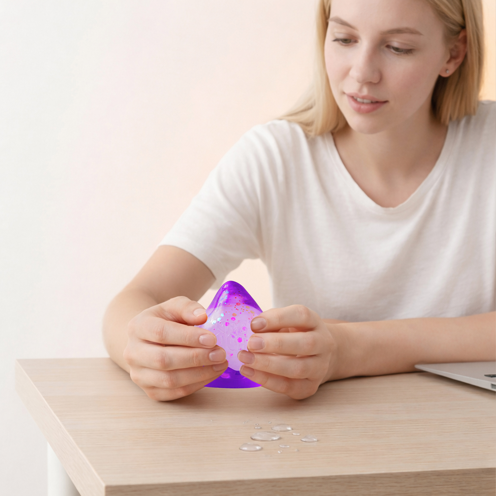 (Pink) Dreamy Fallen Leaf Sensory Toy Purple Tear Drop Shape Detachable Base Finger Knead Stress Relief Daily Relax Play