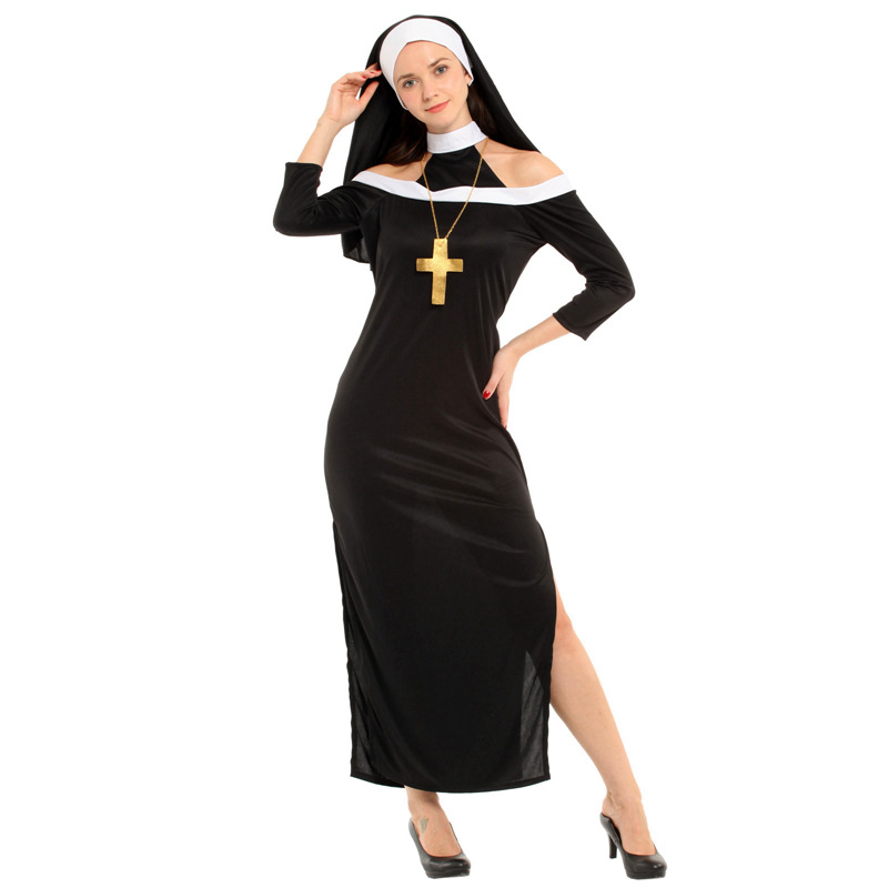 (155~165cm) Ladies Nun Costume Adult Halloween Costumes Accessories Headdress Cross Necklace Fancy Dress