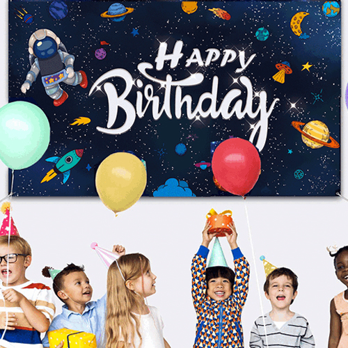 Space Happy Birthday Photography Background Astronaut Rocket Backdrop Banner for Childrens Birthday Galaxy Planet Party Photo Booth Backdrop