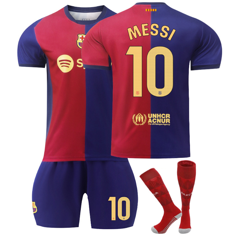 (Kids 2~3 Years) Football Kits 2024 2025 Barca Home Away Soccer Jerseys Tracksuit Sports Activewear No. 10 Messi Football Training Shirts Shorts and Socks for Kids