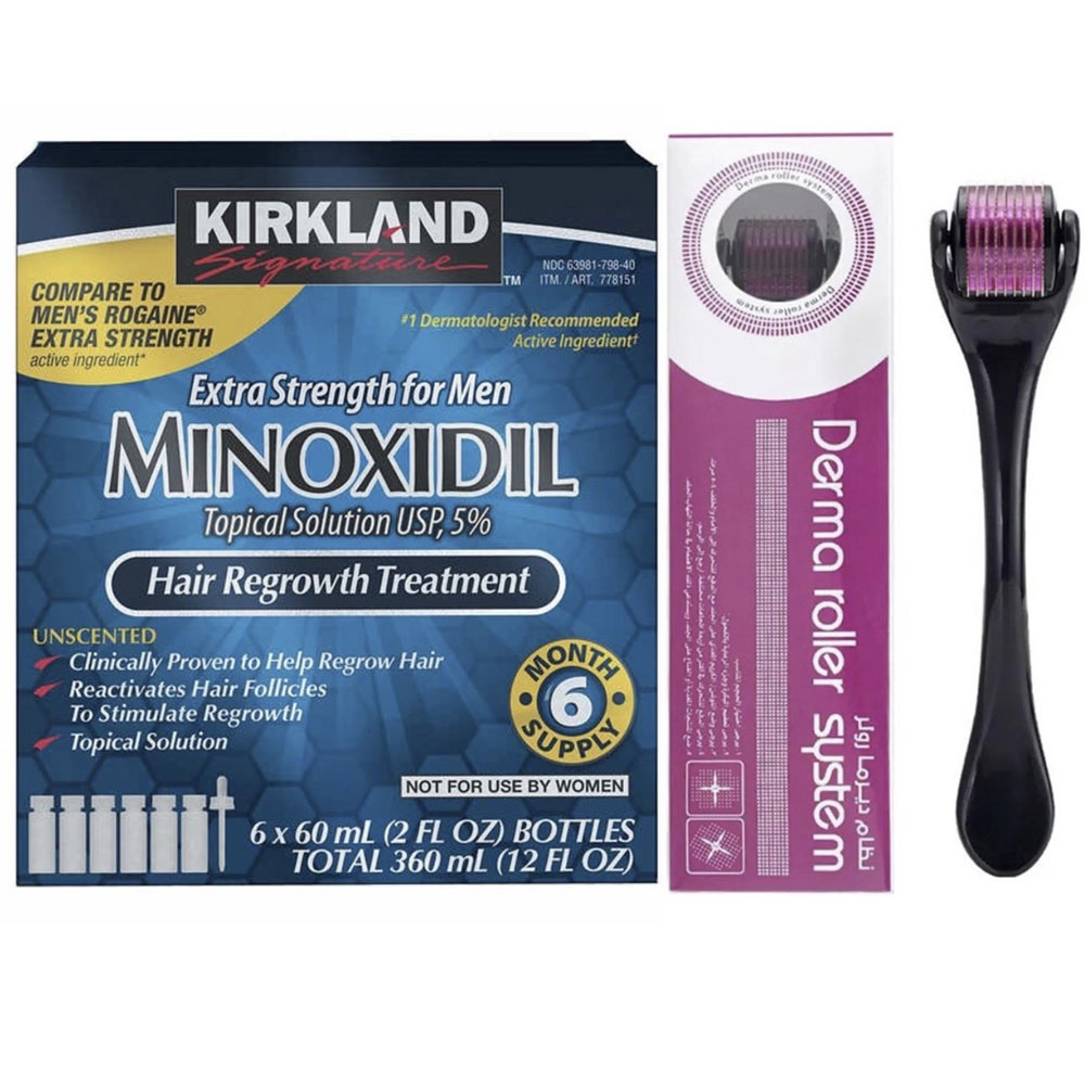 Kirkland Signature 5 Minoxidil Solution Hair Regrowth Treatment For Men- 6 Month Supply with Derma Roller New