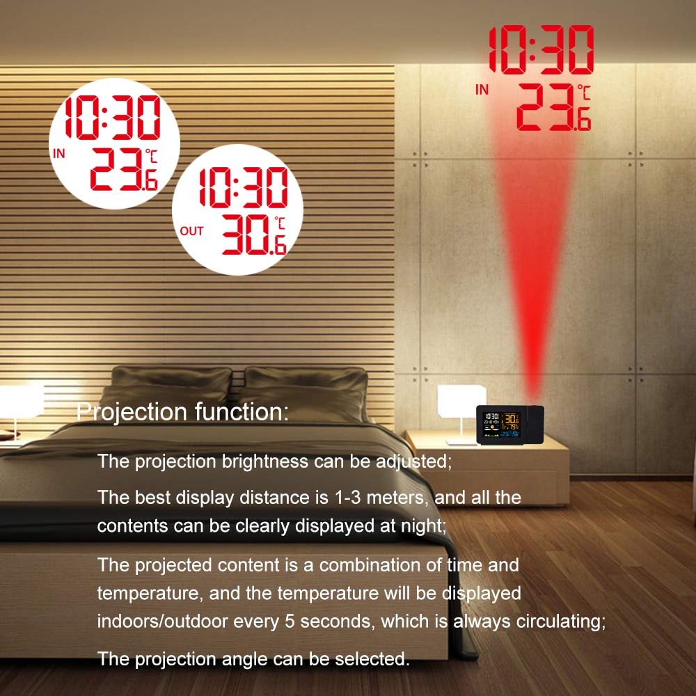 Projection Alarm Clock with Outdoor Sensor Personal Weather Station for Bedroom Projector Dimmable Clock Dual Alarms LCD Display Date Time Temperature Humidity