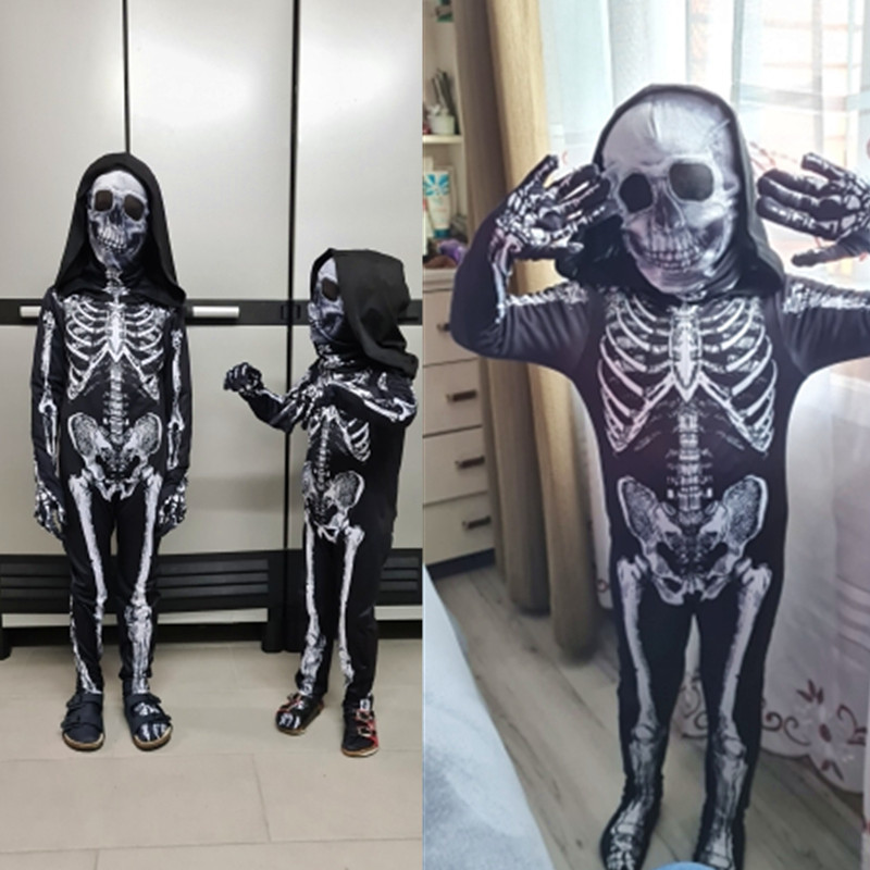 (Size 100) Halloween Skeleton Costume Parent Child Cosplay Clothes Scary Masquerade Party Jumpsuit Kid Tight Zentai Suit Bodysuit Skull Terror Dress Up Hooded