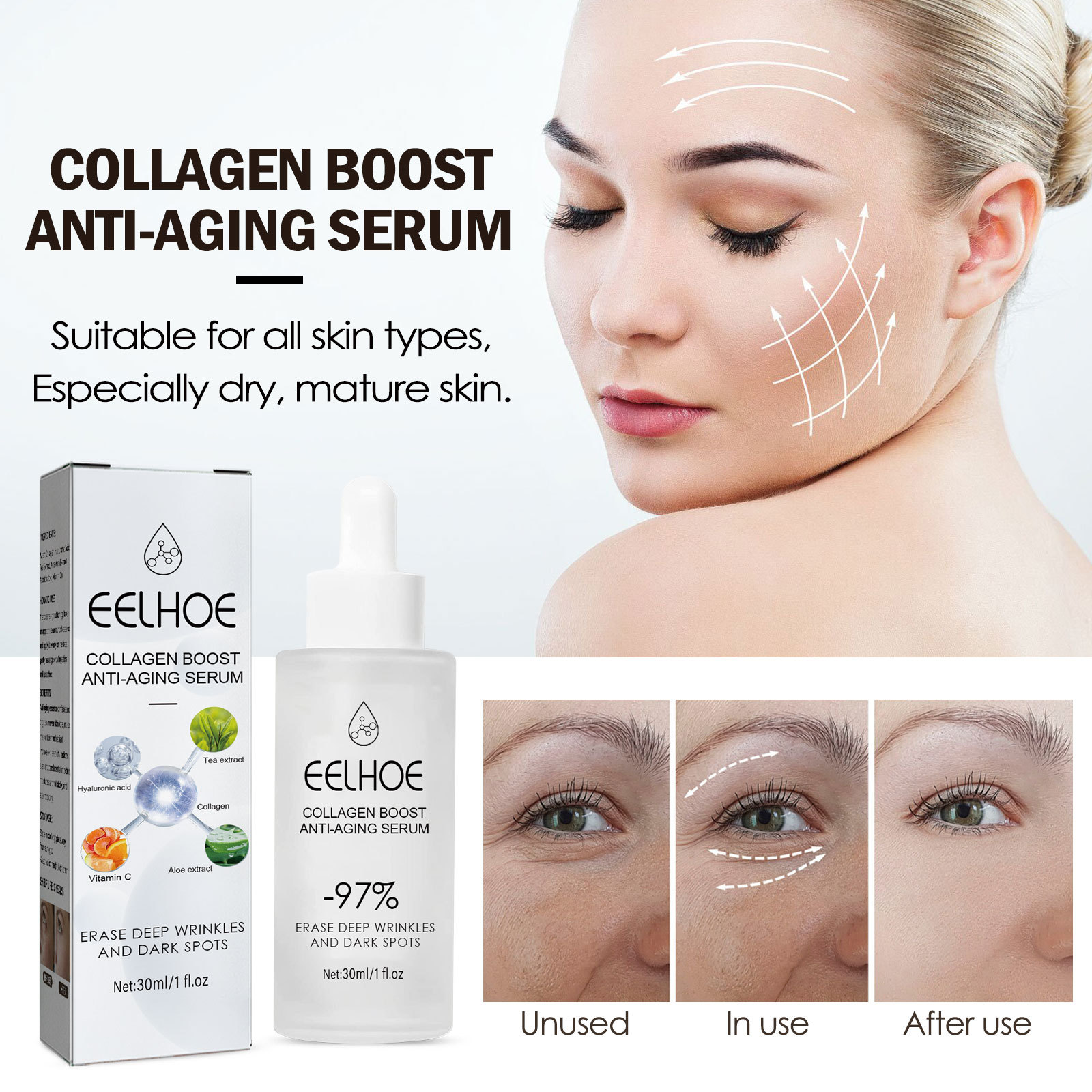 (1 PC) Collagen Boost Anti Aging Serum Wrinkle Removal Essence Moisturize Tightening Lifting Firming Spots Remover Fade Fine Lines Whitening Facial Skin Care