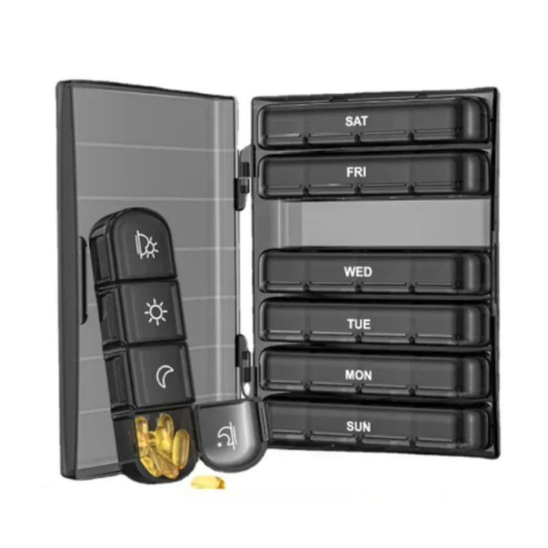 (Black Colorful) Daily Pill Cases Pill Box Organizer 7 Days 28 Grids 4 Times Portable Travel Weekly Pill Organizer with Large Compartments for Vitamins Medicine Fish Oils