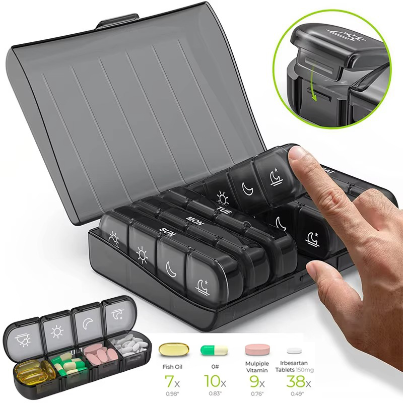 (Black Colorful) Daily Pill Cases Pill Box Organizer 7 Days 28 Grids 4 Times Portable Travel Weekly Pill Organizer with Large Compartments for Vitamins Medicine Fish Oils