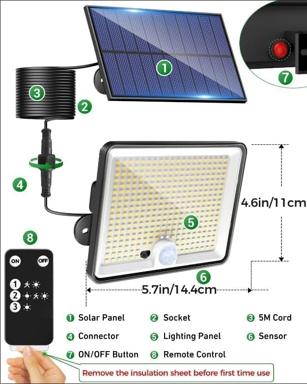 (Warm White) Solar Lights Outdoor 342LED Remote Solar Security Lights Outdoor Motion Sensor 3 Modes Garden Light Solar Powered Waterproof Pir Flood Lighting for Yard Shed 