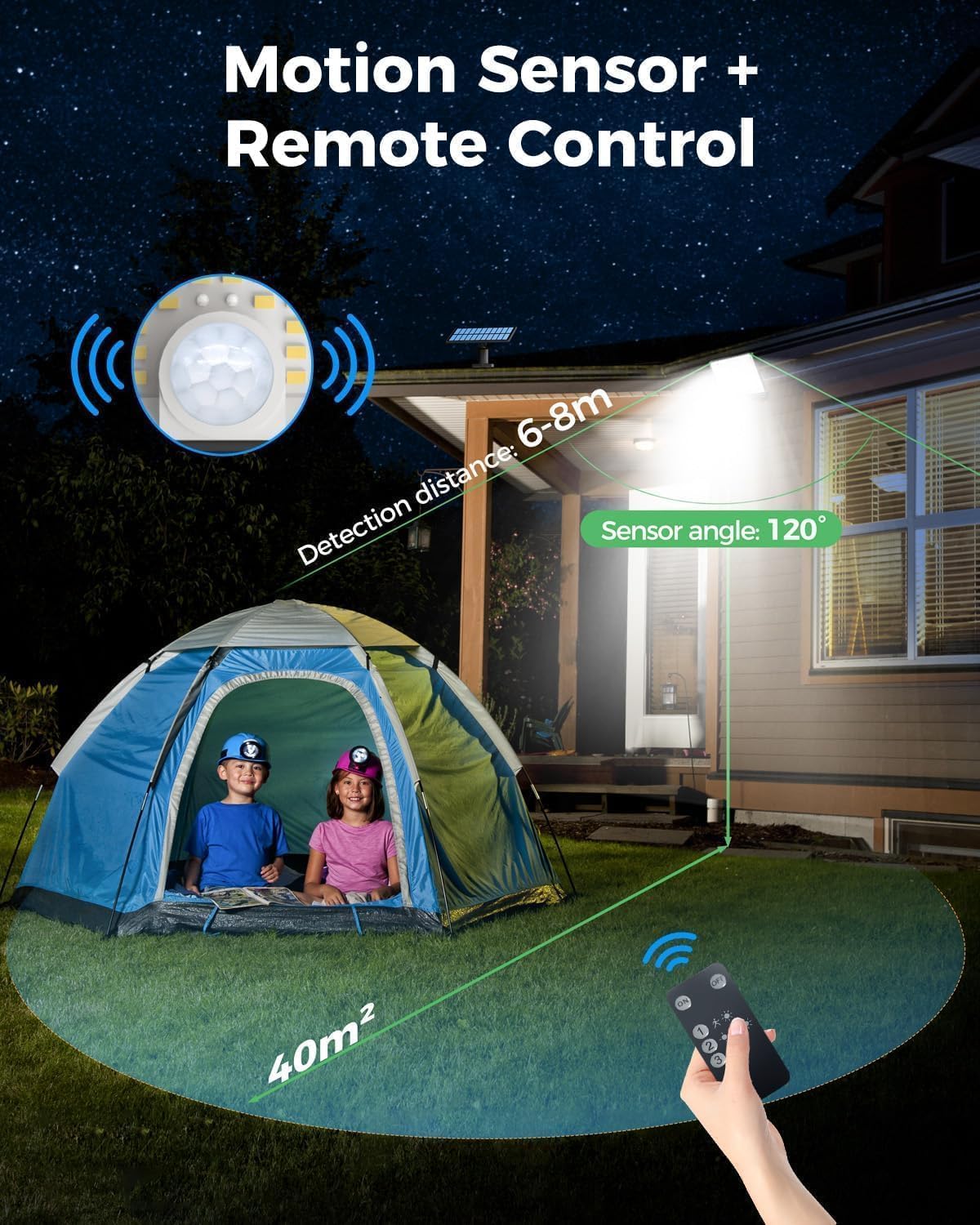 (Warm White) Solar Lights Outdoor 342LED Remote Solar Security Lights Outdoor Motion Sensor 3 Modes Garden Light Solar Powered Waterproof Pir Flood Lighting for Yard Shed 