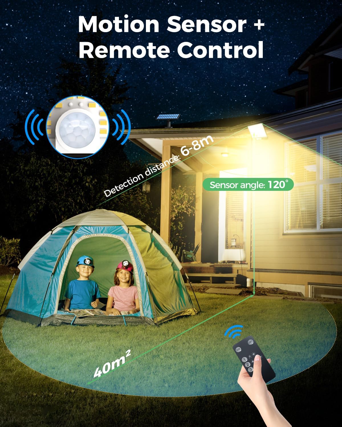 (Warm White) Solar Lights Outdoor 342LED Remote Solar Security Lights Outdoor Motion Sensor 3 Modes Garden Light Solar Powered Waterproof Pir Flood Lighting for Yard Shed 