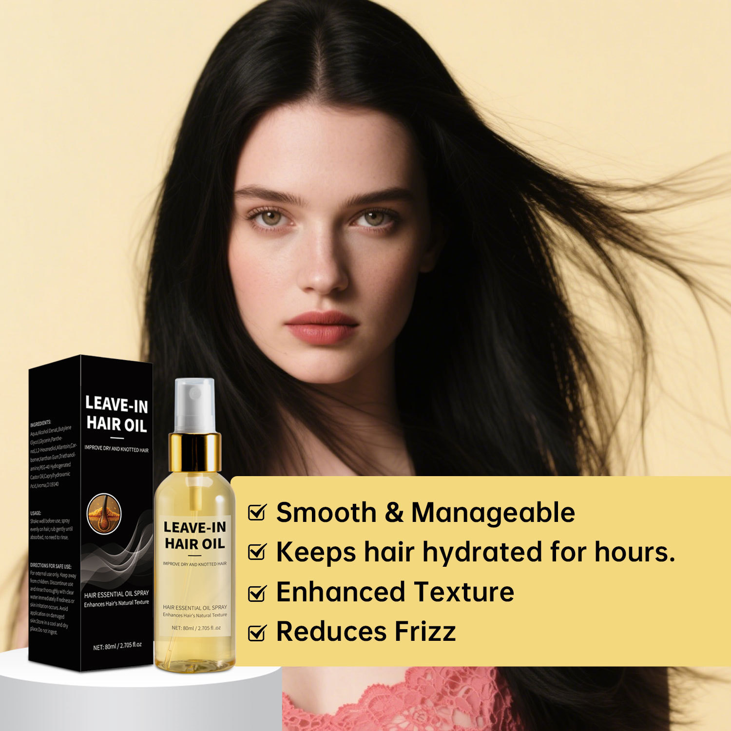 Leave In Hair Oil Spray Smoothing Frizz Control For Dry Damaged Hair Daily Styling 80ml