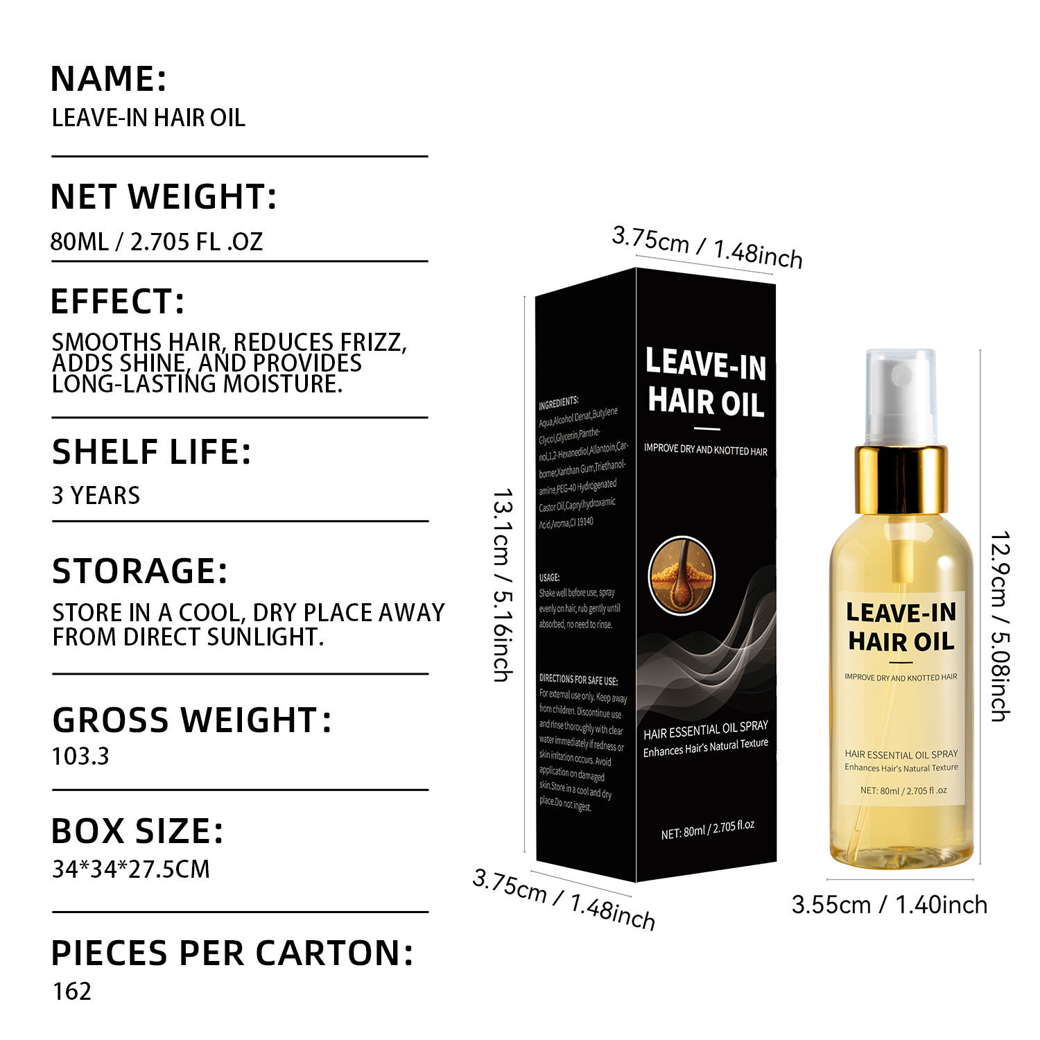 Leave In Hair Oil Spray Smoothing Frizz Control For Dry Damaged Hair Daily Styling 80ml