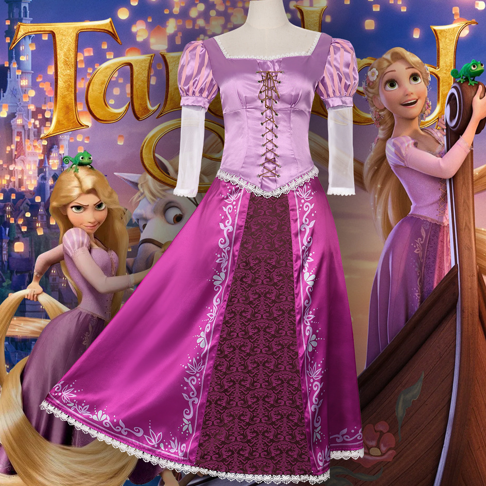 (110) Rapunzel Princess Dress Tangled Cosplay Women Costume Halloween Purple Gown Long Hair Princess Long Dress