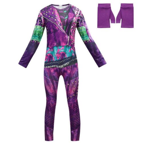 Girls Descendants 3 Audrey Mal Costume Kids Cosplay Jumpsuit + Gloves Clothes