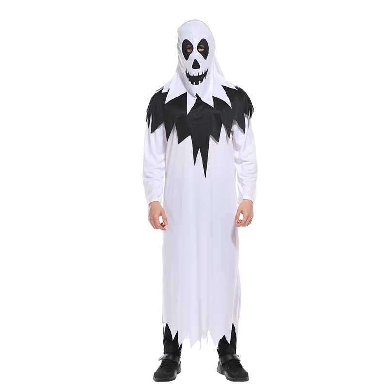 (165~175cm) Halloween Ghost Costume Hooded Cape Men Cosplay Robe Scary Hat Fancy Dress Zombie Cloak White Devil Soul Dress Set