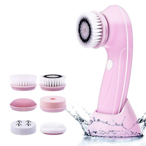 (Pink) Facial Cleansing Brush 6 in-1 Electric Face Cleaner for Exfoliating Massaging Skin Care IPX7 Waterproof