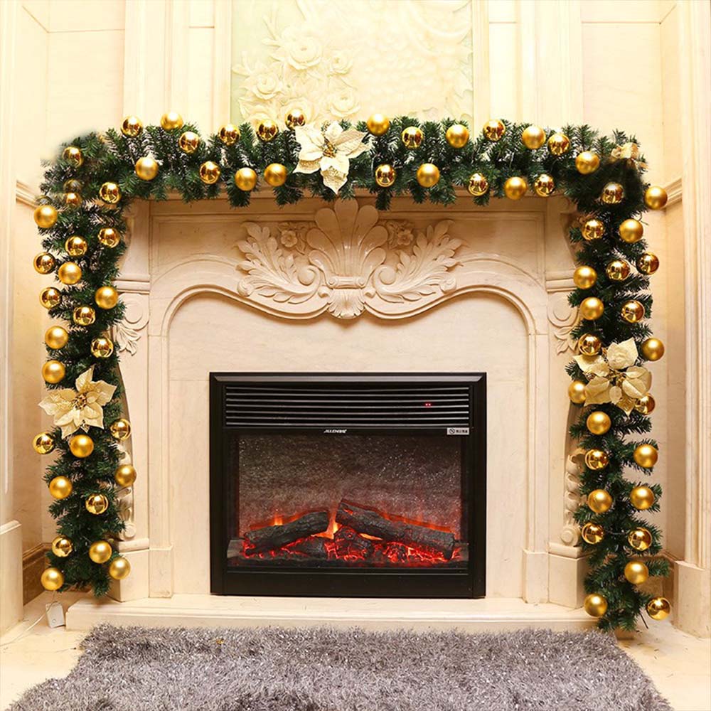 (Gold with Light) 9FT Pre Lit Christmas Garland LED Lights Wreath Xmas Decorations Ornaments Christmas Balls Wreath Christmas Wreaths Garlands and Plants