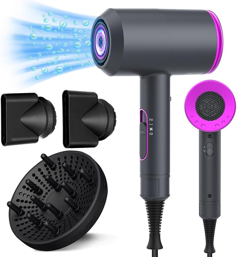 Professional Hair Dryer 2000W Powerful Quick Drying Ionic Hairdryer with 1 Diffuser 2 Nozzle Blow Dryer with 2 Speeds 3 Heating and Cool Button for Women Curly and Straight Hair