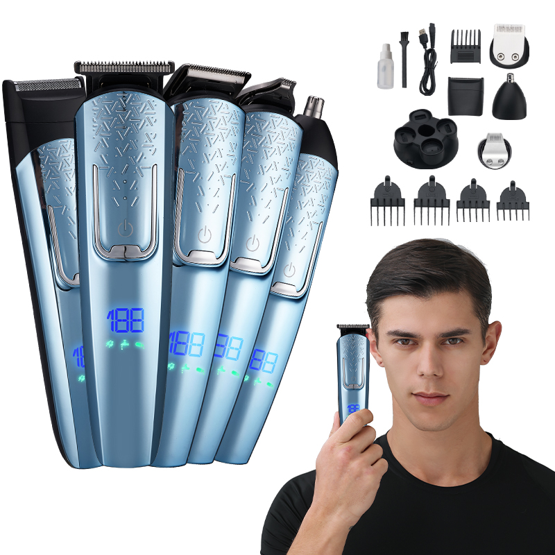 (Blue) Electric Shaver Men Grooming Hair Clipper Kit Beards Face Body Hair Trimmer 5 IN 1 Men Electric Razor Digital Display USB Rechargeable Wet and Dry Use