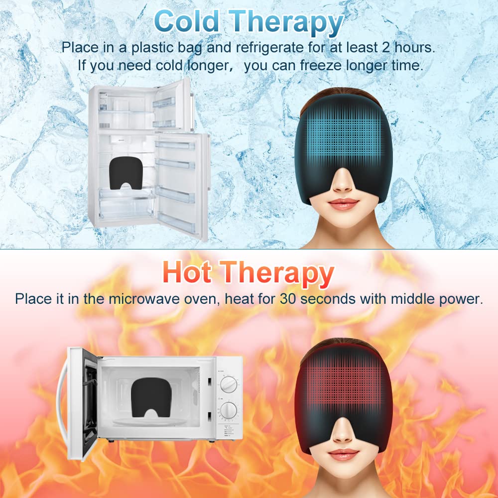 (Grey) Migraine Relief Cap Reusable Cold Hot Therapy Migraine and Headache Relief Cap Gel Ice Hot Head Wrap for Chronic Migraine Tension Sinus Stress Puffy Eyes