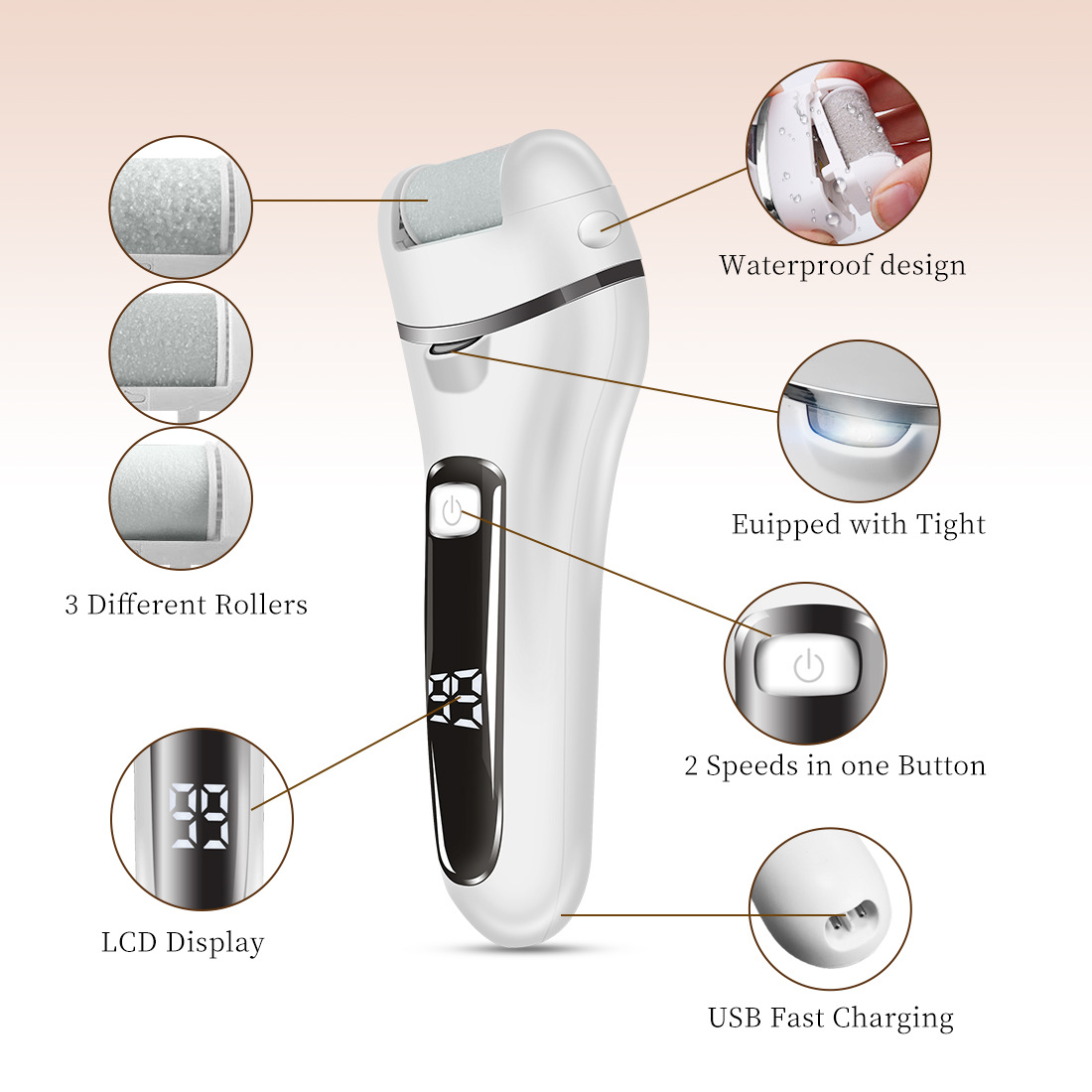 Waterproof Electric Foot File LCD Display Rechargeable Pedicure Tool