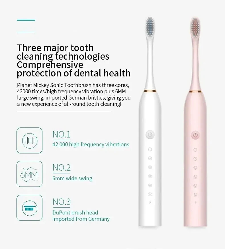 (Black) Electric Ultrasonic Toothbrush Six Speed Mode Home Soft Hair USB Charging Waterproof Adult Tooth Cleaner Automatic Couple Set