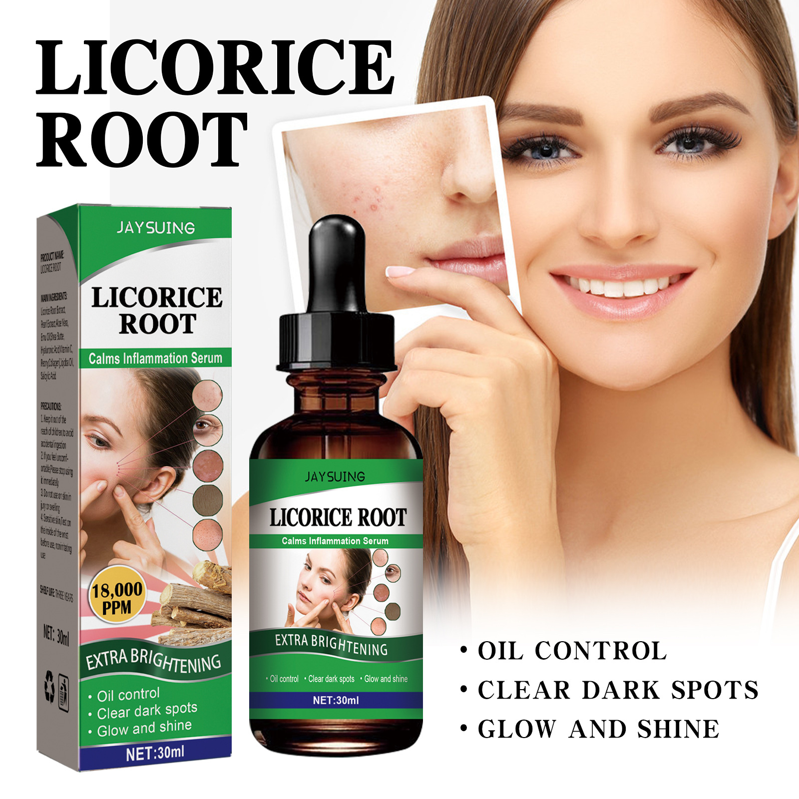Pore Shrinking Facial Serum Licorice Root Extract Essential Oil Reduces Acne Wrinkle Essence Control Blackhead Desalinate Stain Remove Liquid Face Care 30ml