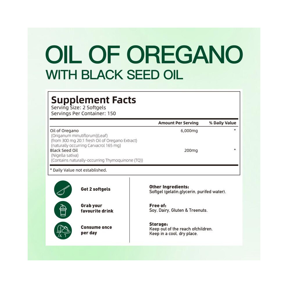 Oil of Oregano with Black Seed Oil 300 Capsules | Natural Antioxidants | Nutritional Support | Highly Effective Botanicals Dietary Healthcare