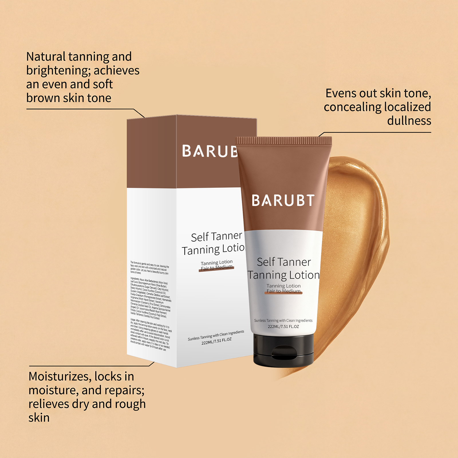 (Brown) Self Tanner Tanning Lotion Sunless Tanner Moisturizer Hydrating Repair for Natural Bronze Glow Outdoor Daily Skin Care 222ml