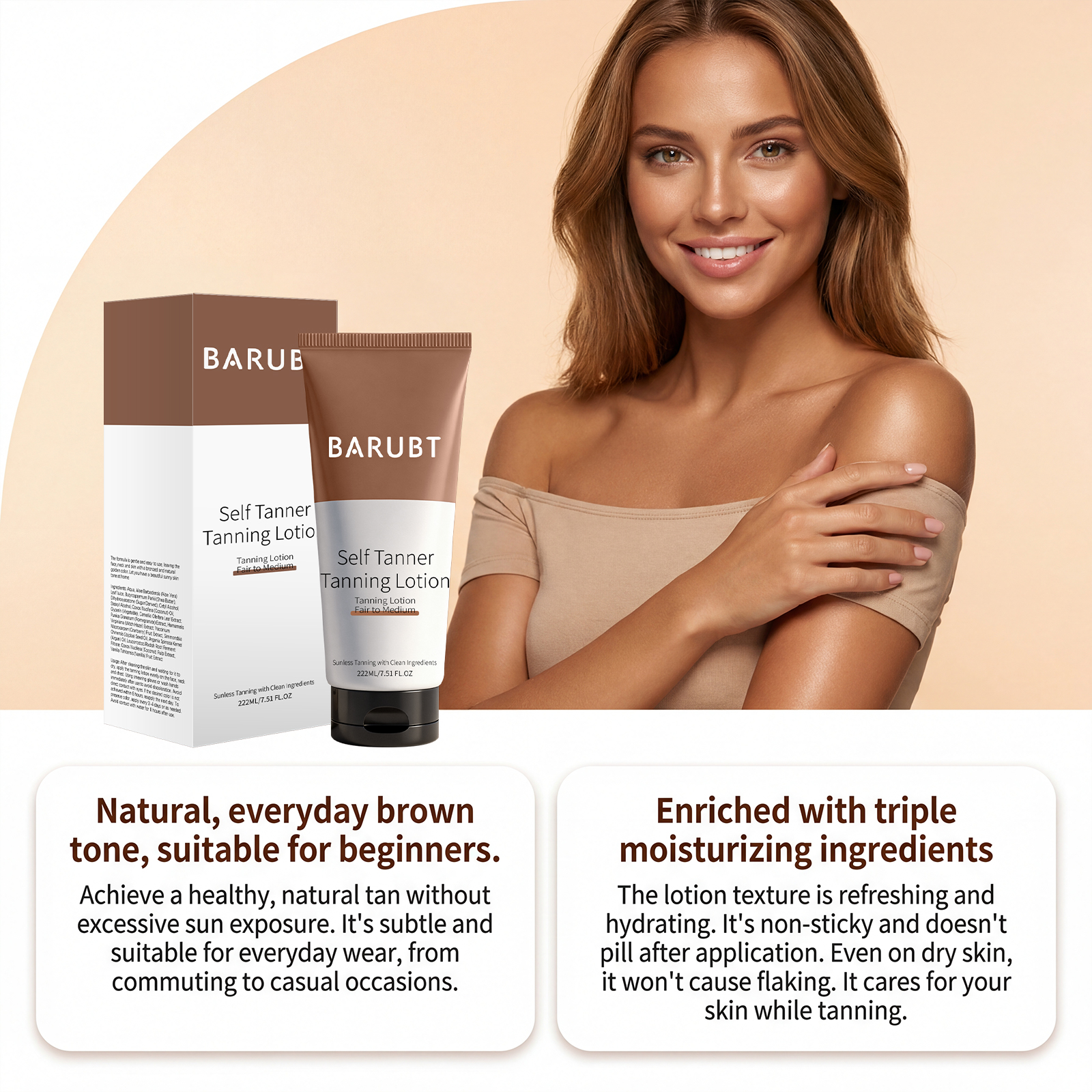 (Brown) Self Tanner Tanning Lotion Sunless Tanner Moisturizer Hydrating Repair for Natural Bronze Glow Outdoor Daily Skin Care 222ml