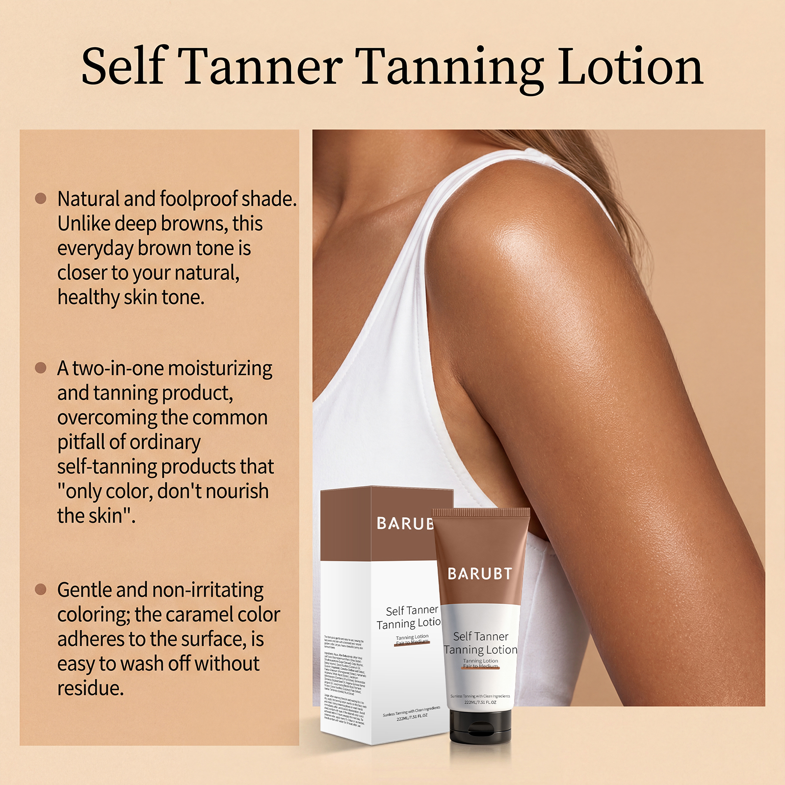 (Brown) Self Tanner Tanning Lotion Sunless Tanner Moisturizer Hydrating Repair for Natural Bronze Glow Outdoor Daily Skin Care 222ml