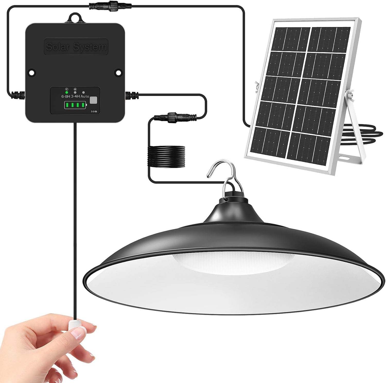 Solar Shed Light Indoor Outdoor 2000LM Daytime Available Pendant Light with Pull Cord Power Display Mode Indicator 3 Lighting Modes Solar Lights IP65