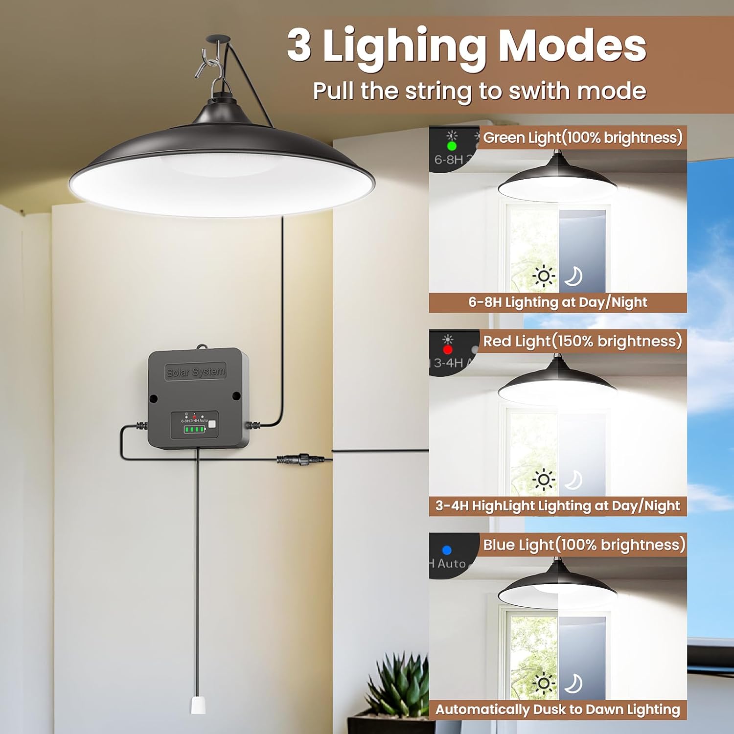 Solar Shed Light Indoor Outdoor 2000LM Daytime Available Pendant Light with Pull Cord Power Display Mode Indicator 3 Lighting Modes Solar Lights IP65