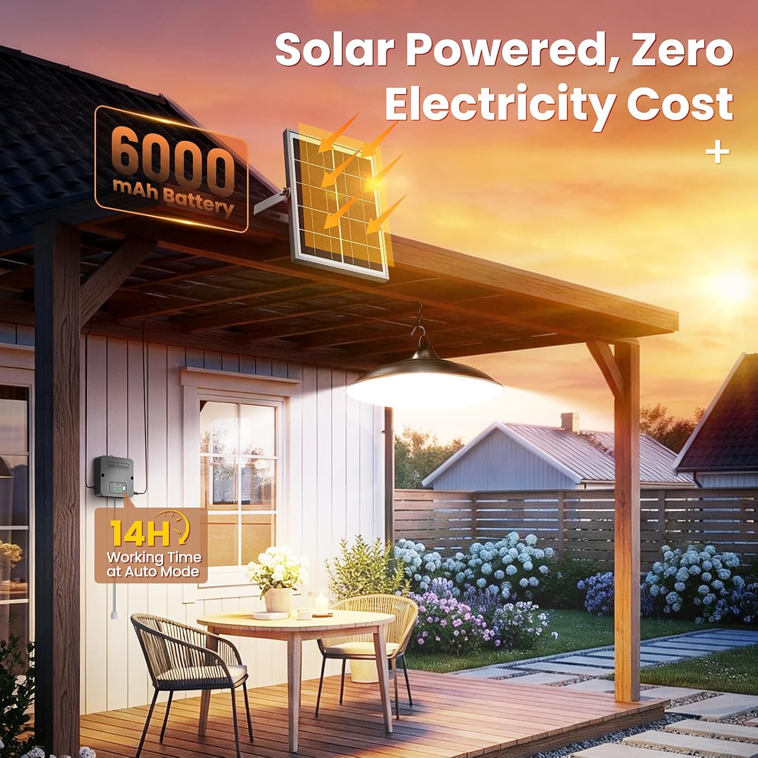 Solar Shed Light Indoor Outdoor 2000LM Daytime Available Pendant Light with Pull Cord Power Display Mode Indicator 3 Lighting Modes Solar Lights IP65