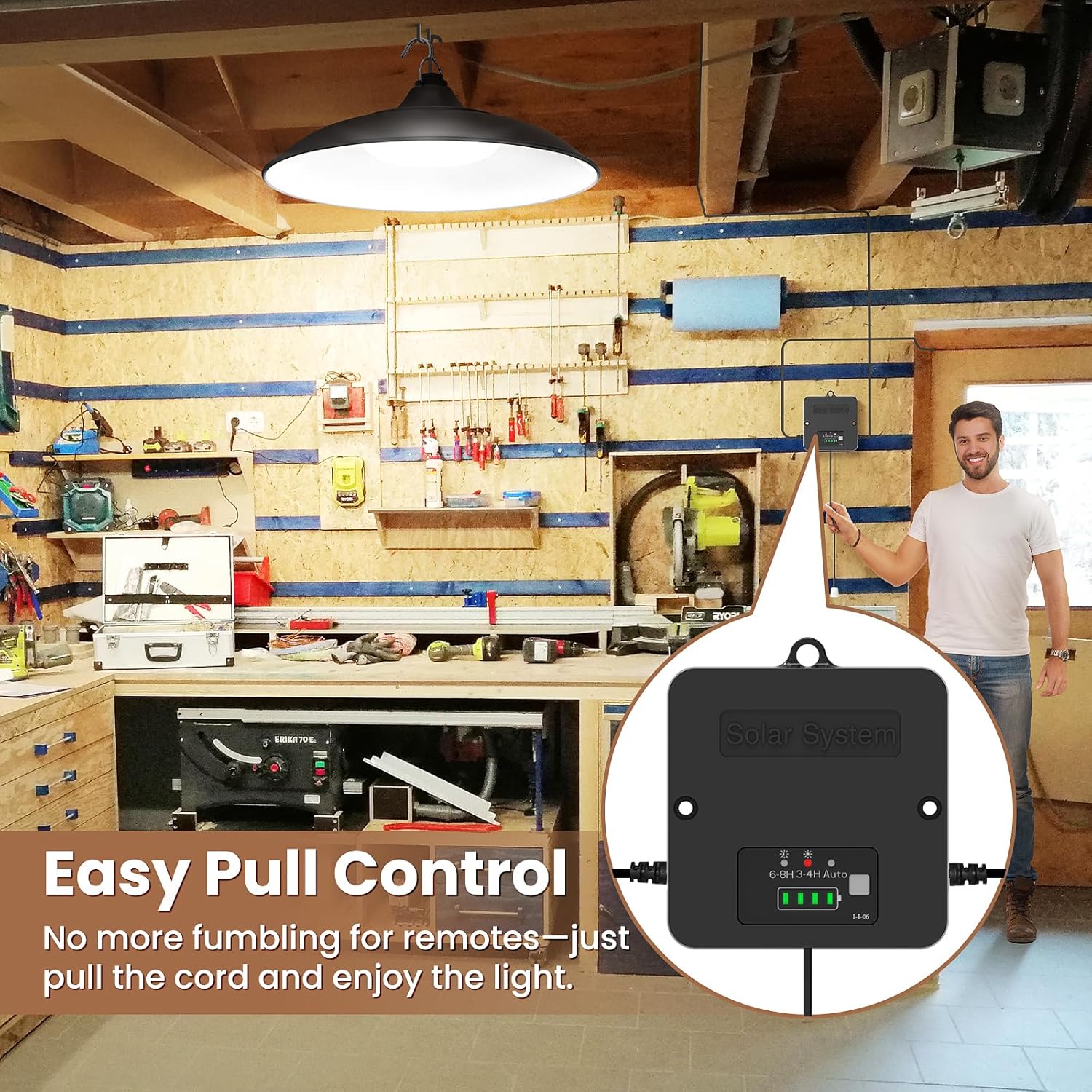 Solar Shed Light Indoor Outdoor 2000LM Daytime Available Pendant Light with Pull Cord Power Display Mode Indicator 3 Lighting Modes Solar Lights IP65