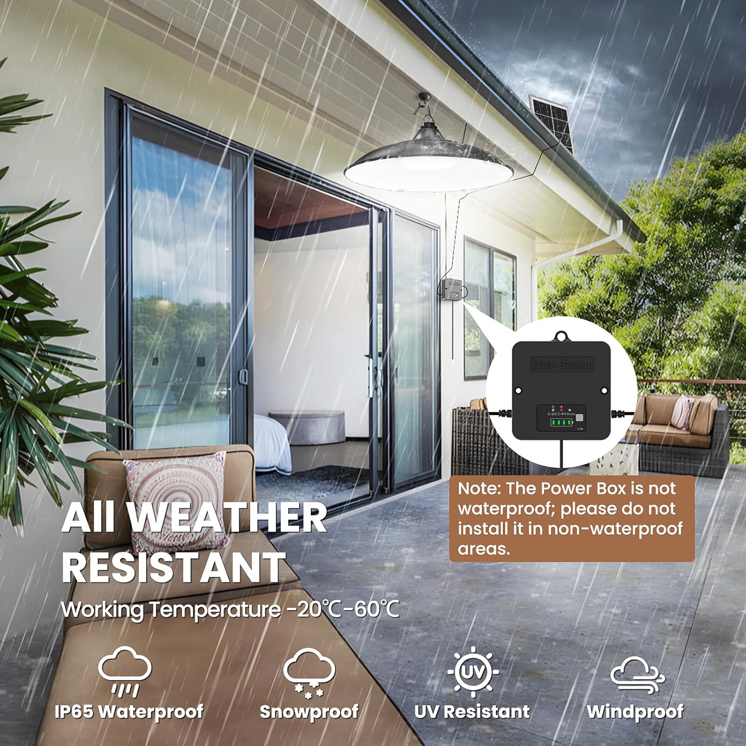 Solar Shed Light Indoor Outdoor 2000LM Daytime Available Pendant Light with Pull Cord Power Display Mode Indicator 3 Lighting Modes Solar Lights IP65