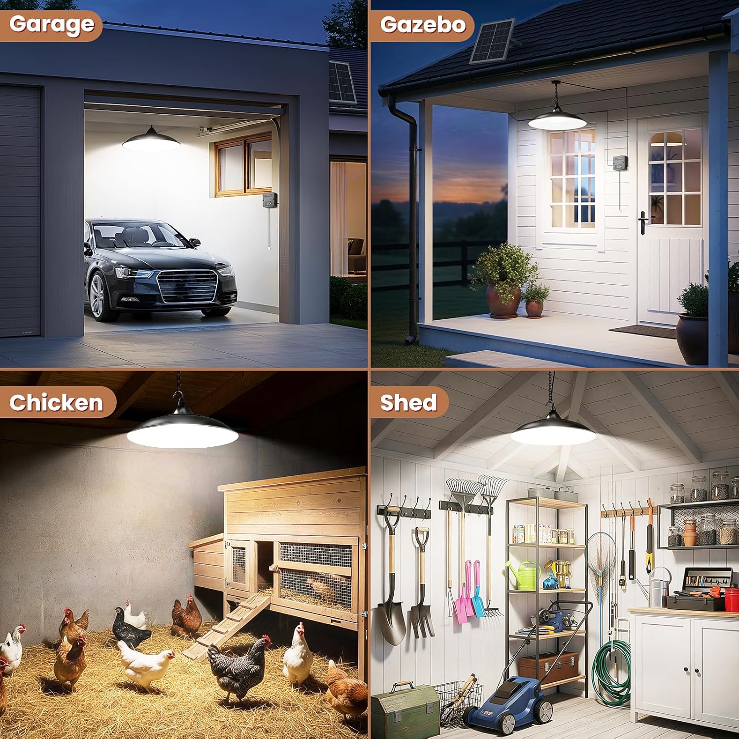 Solar Shed Light Indoor Outdoor 2000LM Daytime Available Pendant Light with Pull Cord Power Display Mode Indicator 3 Lighting Modes Solar Lights IP65