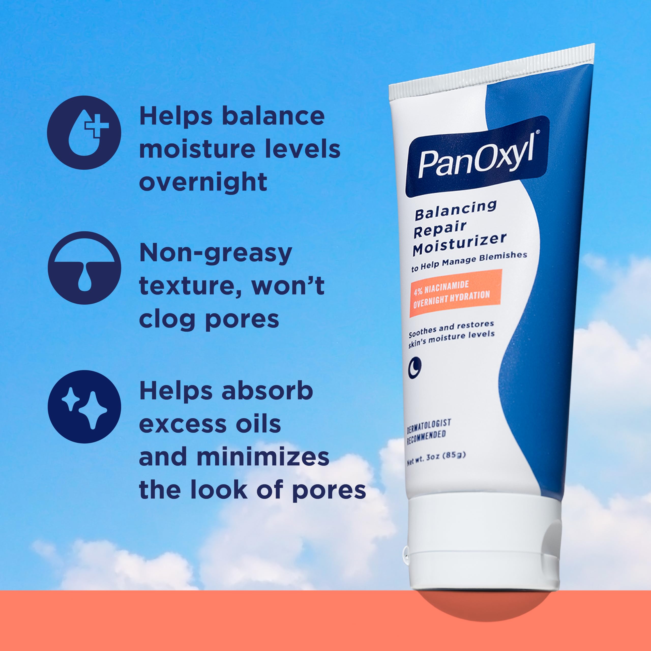 PanOxyl PM Balancing Repair Moisturizer with Niacinamide Ceramides and Cica Hydrating Face Moisturizer Acne Prone Skin and Dry Skin Night Face Moisturizer 85g