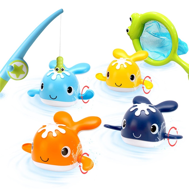 (set A) Magnet Baby Bath Fishing Toys Wind-up Swimming Whales Bathtub Toy Fishing Game Water Tub Toys Set with Fishing Pole Net for Kids